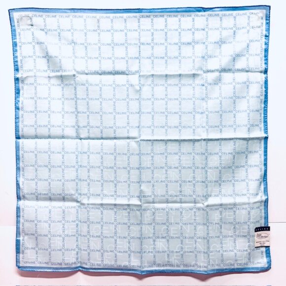 New-Tag Lg Collect CELINE Paris Mini Scarf 23" Cotton Teal Blue Logo Printed (96 - Picture 6 of 8